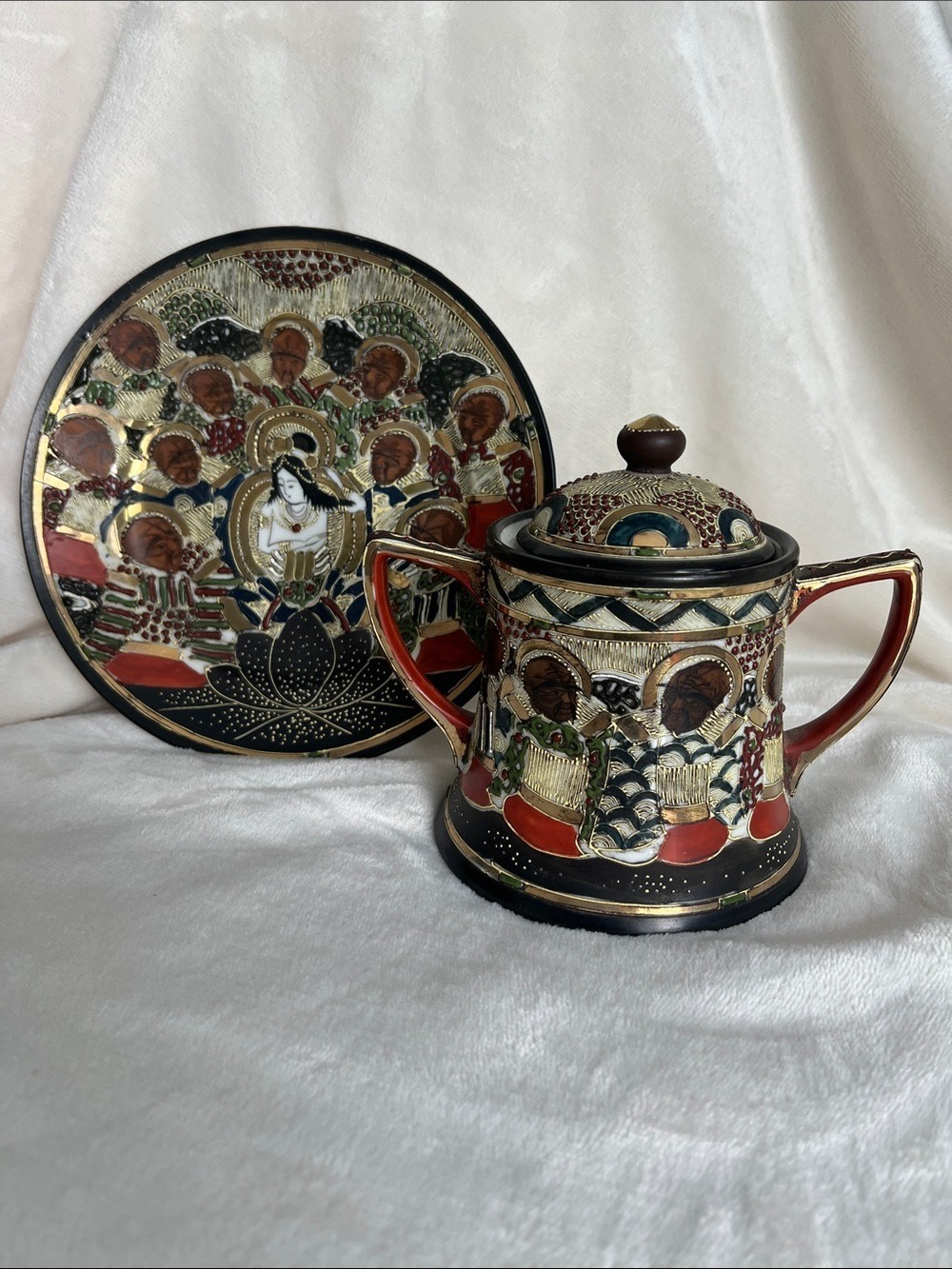 Vintage Japanese Hand-Painted Decorative Plate and Lidded Jar